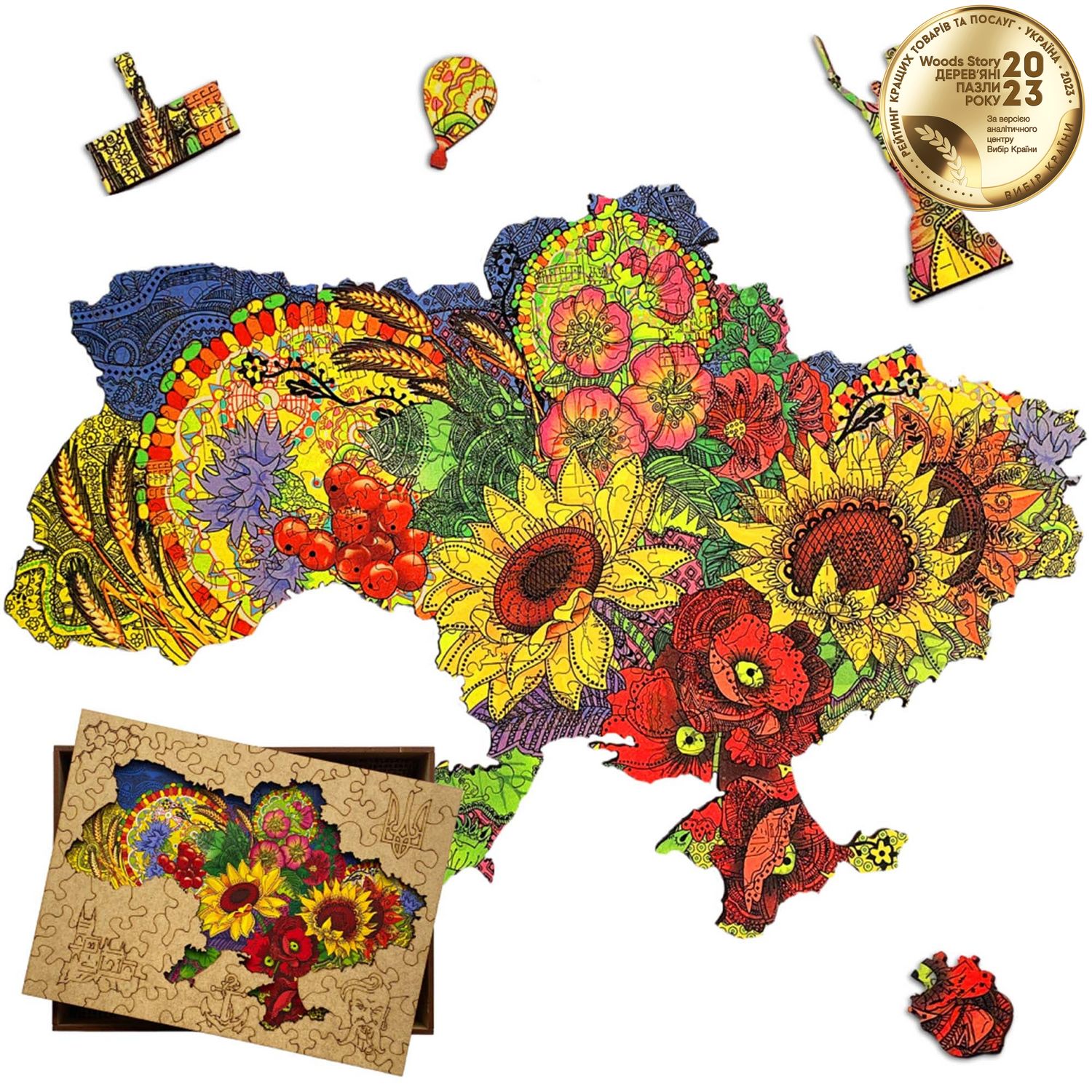 Патриотический деревянный пазл Карта Украины цветочная L